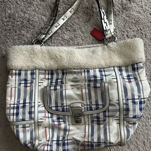 Coach Cream and Blue Plaid Shoulder Bag